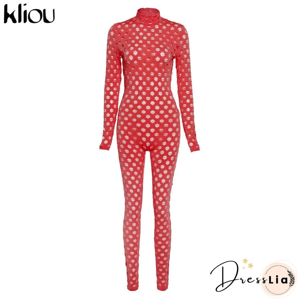 Kliou See Through Hollow Out Sexy Zipper Jumpsuit Women Turtleneck Net Plaid Hole Skinny Elastic Club Streetwear Rompers
