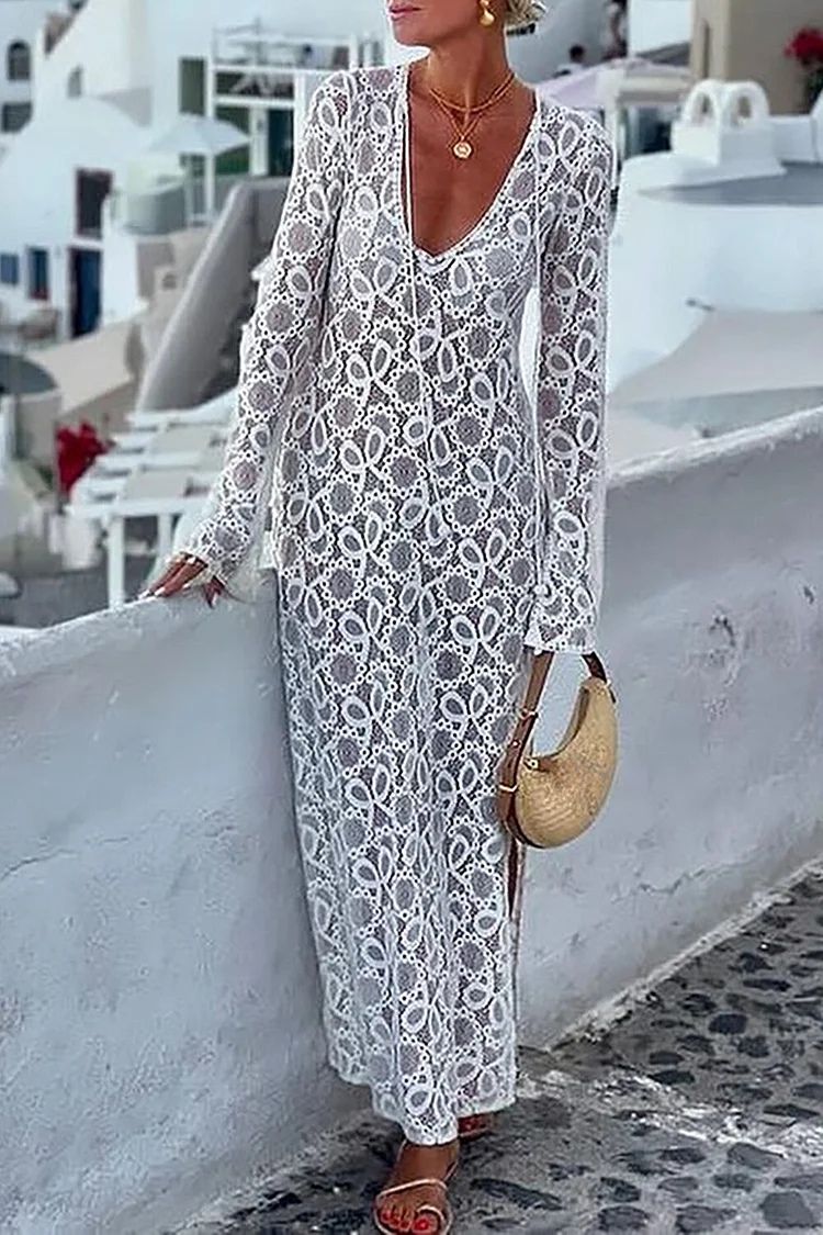Jacquard Deep V Neck Long Sleeve Side Slit See Through Maxi Dresses-White