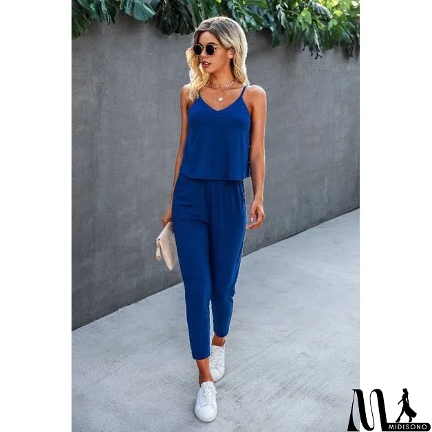 MidiSono - Spaghetti Strap Solid Loose Jumpsuit