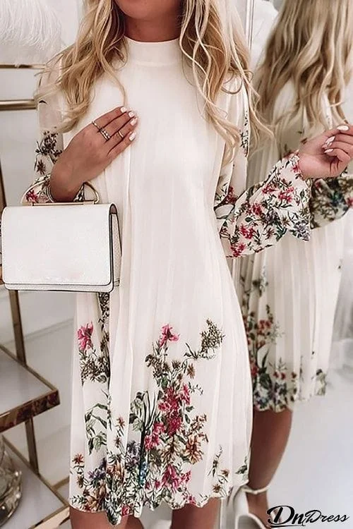 Floral Print Ruffle Trim Pleated Dress