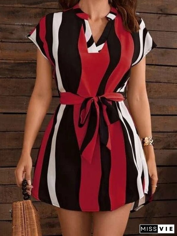 Women's Dresses V-Neck Striped Short Sleeve Belt Dress