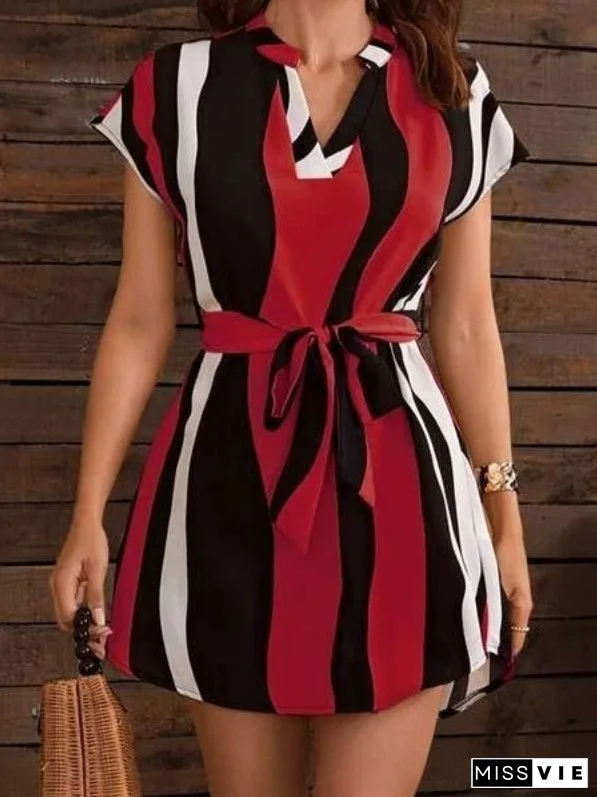 Women's Dresses V-Neck Striped Short Sleeve Belt Dress