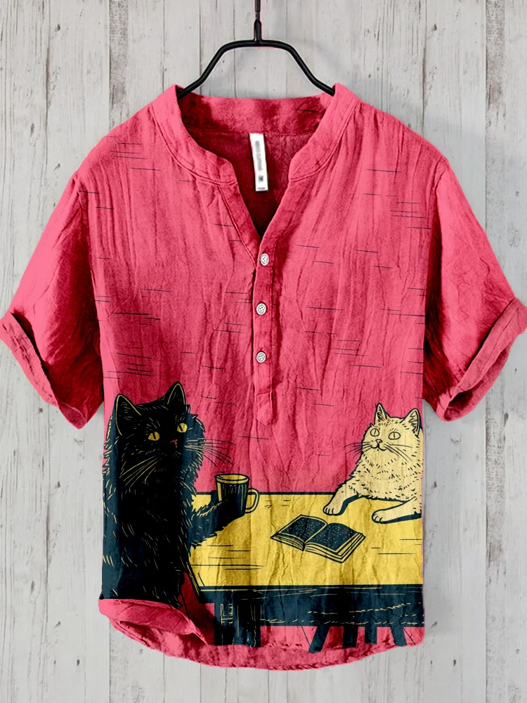 Cat Besties Chilling with a Coffee and Books Linen Blend Shirt
