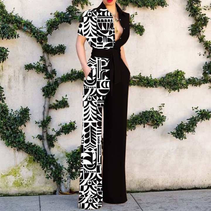 Women's Elegant Asymmetrical Linear Print Jumpsuit