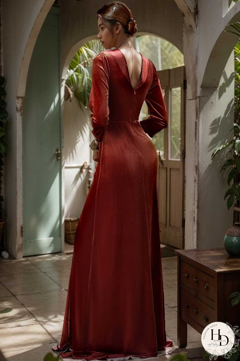 velvet 3 4 length sleeve illusion v neck front slit evening dress