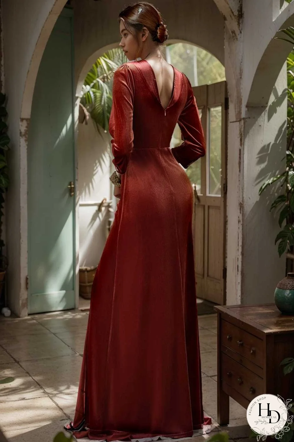 velvet 3 4 length sleeve illusion v neck front slit evening dress