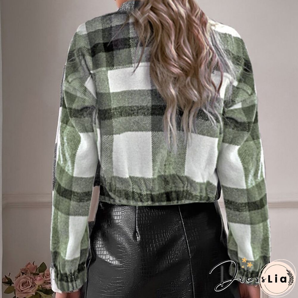 Casual Women Long Sleeve Lapel Zipper Short Jacket Fashion Plaid Printed Ladies Autumn