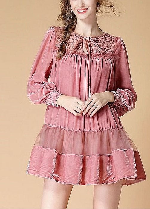 Handmade Pink Embroideried Patchwork wrinkled Fall Long sleeve Dress CK2147- Fabulory