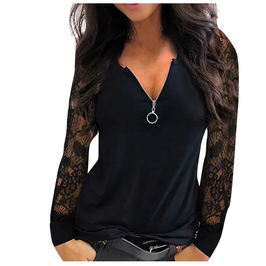 Fashion Lace Mesh Blouse Shirt Loose Sexy Zipper V-Neck Tops Winter Casual Ladies Tops Female Women Long Sleeve Blusas Pullover