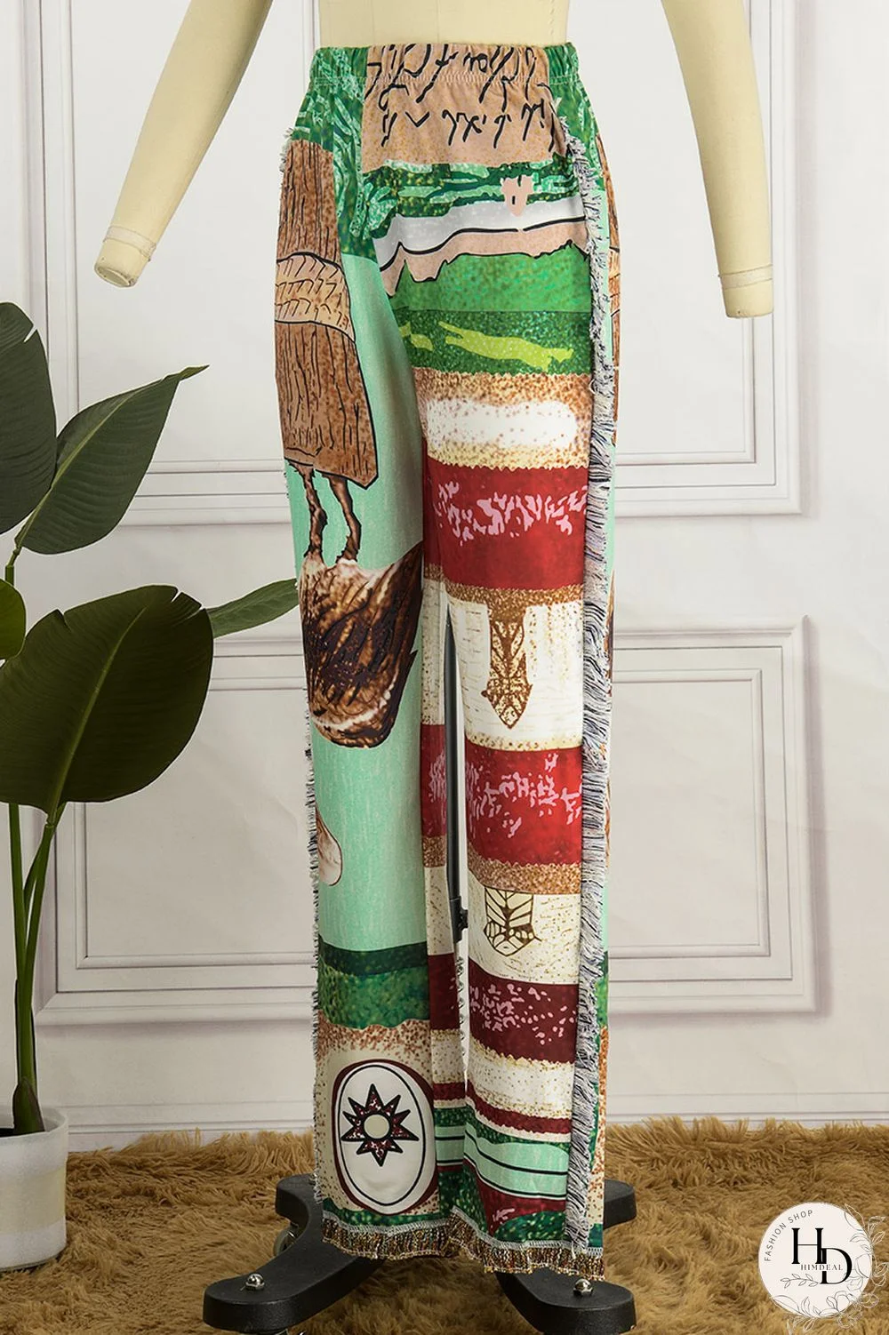 Sky Blue Casual Print Tassel Patchwork Regular High Waist Conventional Full Print Trousers