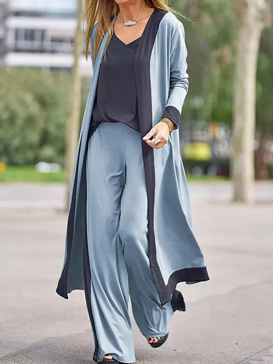 Women Autumn Casual 3-Piece Set Color Contrast Kimono Camis&Pants Suit