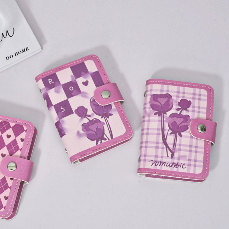 Women’s Heart Shape Flower Butterfly Pu Leather Pink Hidden Buckle Card Holders