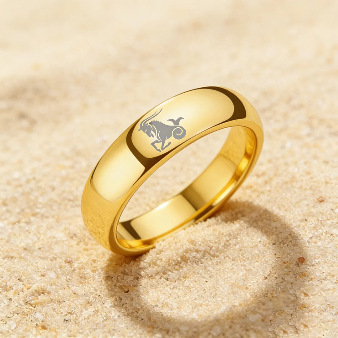 4MM 6MM 8MM Gold Capricorn Tungsten Carbide Rings Prints Laser Design Domed Top Tungsten Wedding Bands