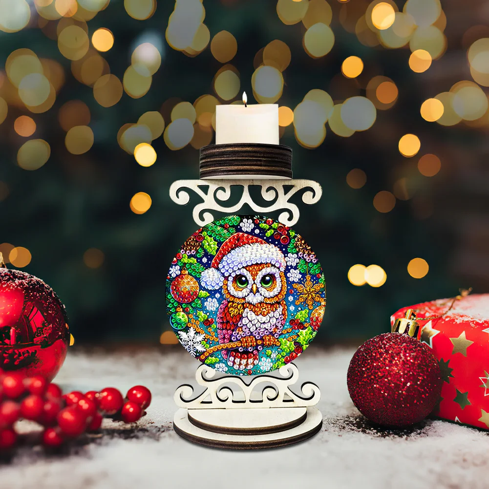 5D DIY Owl Wooden Special Shaped Christmas Theme Diamond Painting Candle Holder