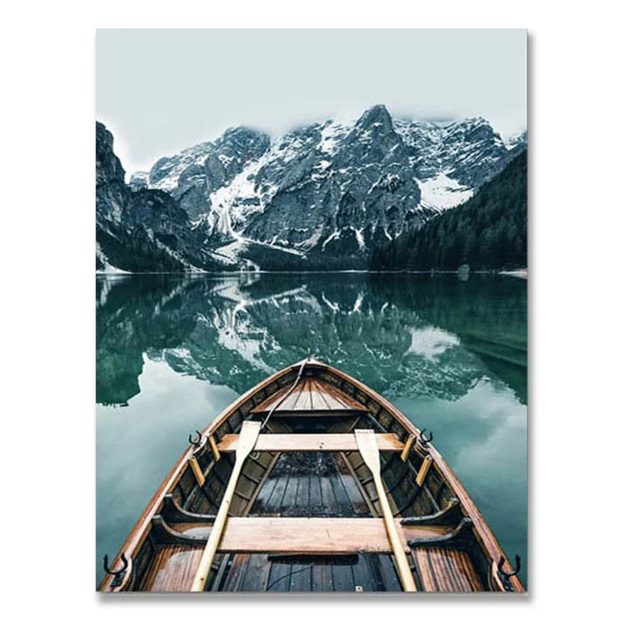 Scandinavian Nature Landscape Wall Art Poster Mountain Lake Boat Print Nordic Painting Decorative Picture Modern Home Decorati