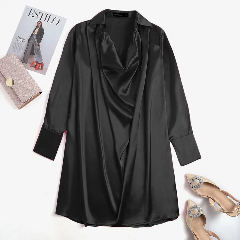 Celmia Elegant Party Dress Women Sexy Pleated Long Sleeve Satin Mini Dress Lapel Swing Collar Casual Loose Shirt Dresses Robe