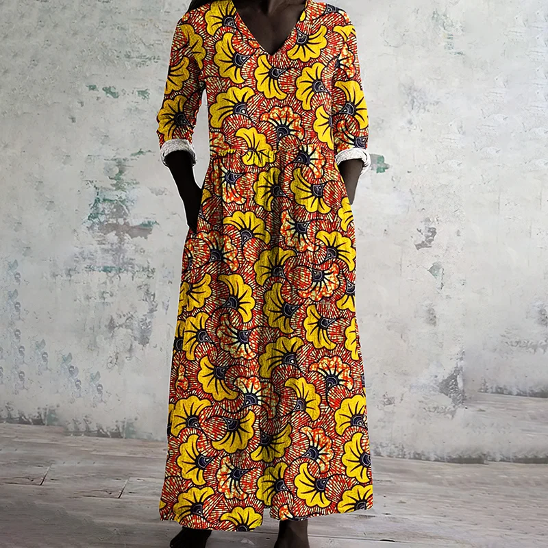 Ginkgo Leaf Print V-neck Casual Midi Dress