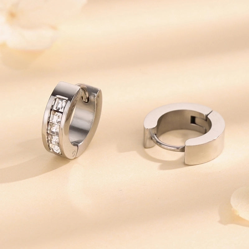 1 Pair Minimalist Round Polishing Plating Inlay Titanium Steel Rhinestones 18K Gold Plated Earrings