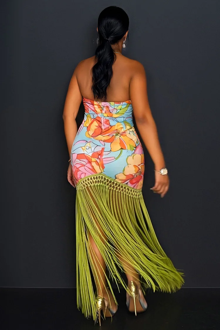 Halter Backless Floral Print Fringe Hem Party Maxi Dresses-Green [Pre Order]