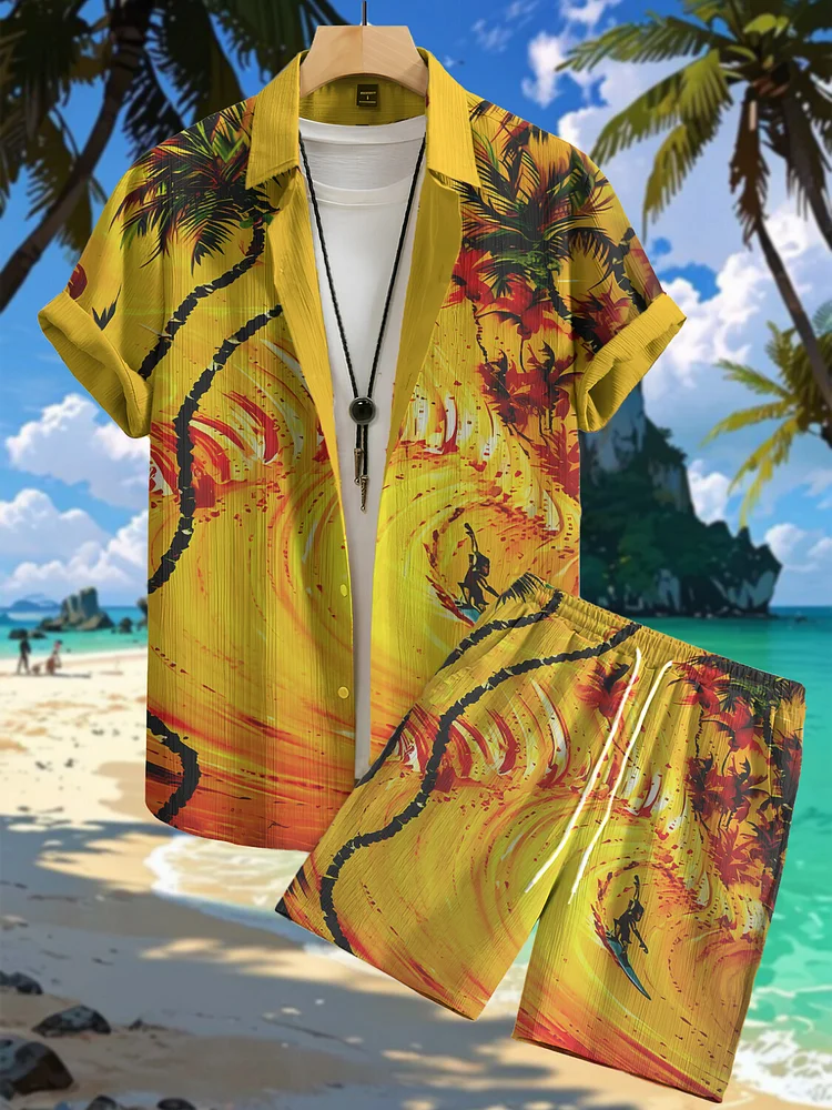 Men's Vacation Surfing Sports Art Print Short Sleeve Shirt Set