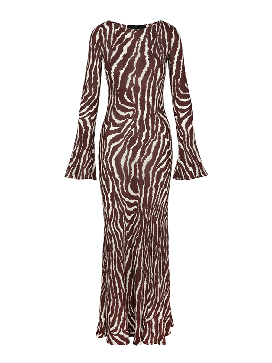 Budgetg Women Spring Autumn Maxi Dresses Zebra/Floral Print Long Flared Sleeve Round Neck Slim 2000s Aesthetic Long Dress Streetwear