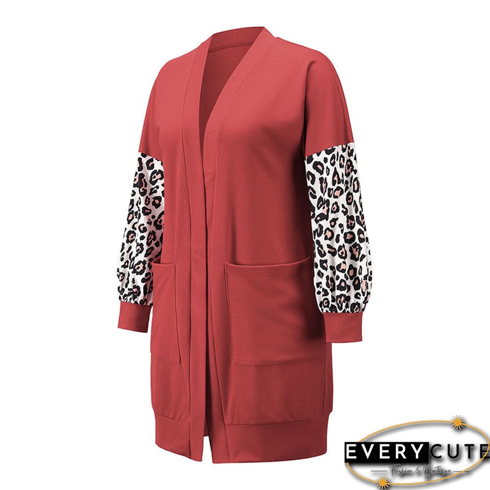 Red Splice Leopard Long Sleeve Pocketed Cardigan