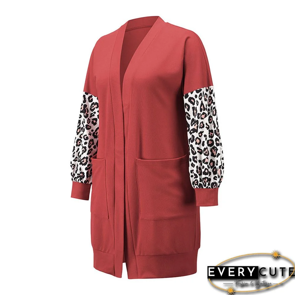Red Splice Leopard Long Sleeve Pocketed Cardigan