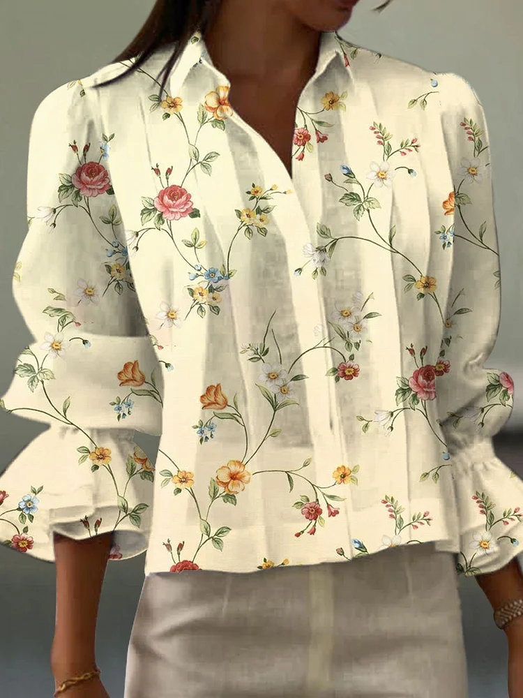 Women's  Vintage Flower Art Print Casual  Cotton And Linen Shirt