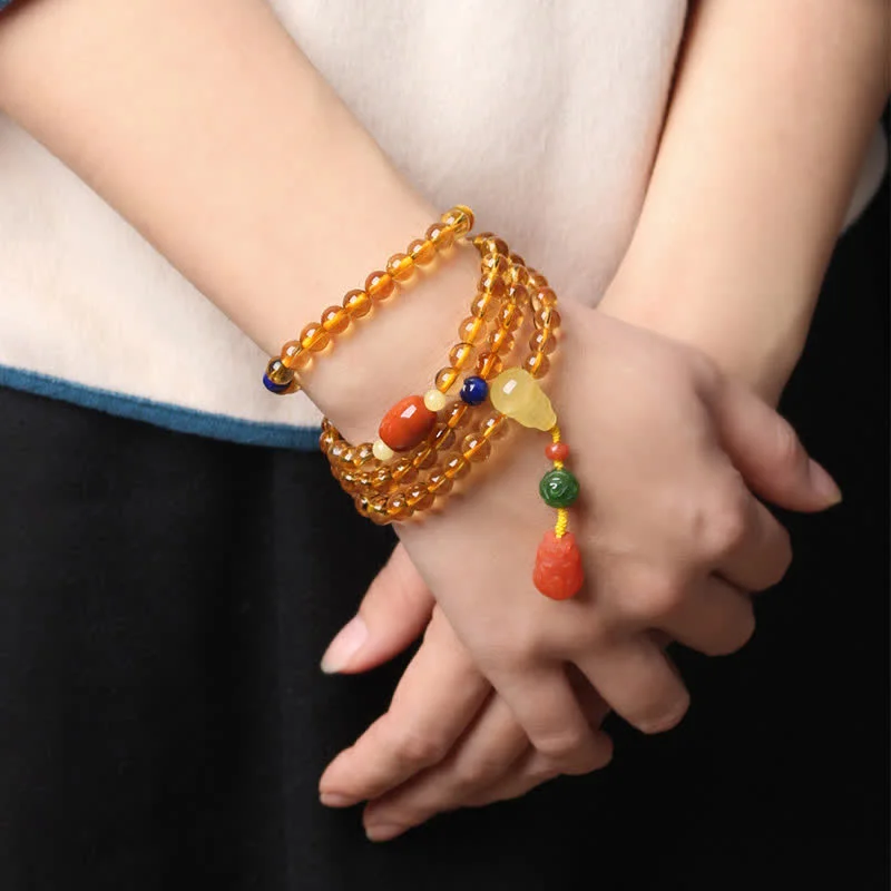 Natural Citrine Amber 108 Mala Beads Peace Buckle Red Agate PiXiu Protection Charm Bracelet