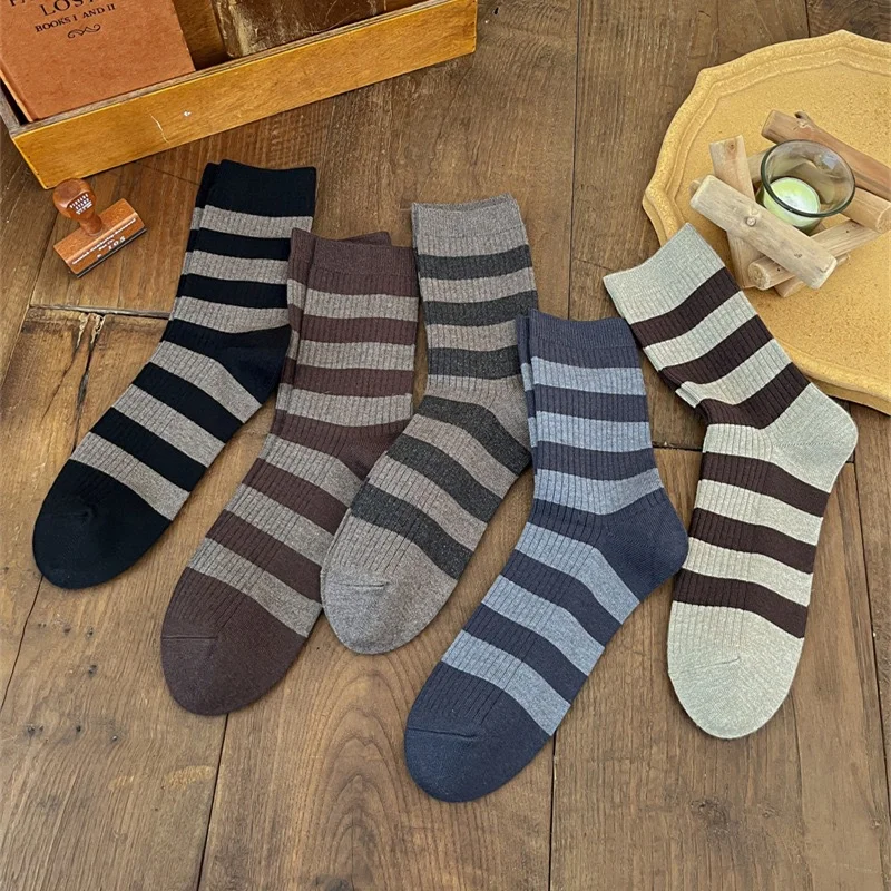 Men's Warm Thickened Striped Double-Needle Men's Cotton Mid-Calf Socks (5 Pairs)