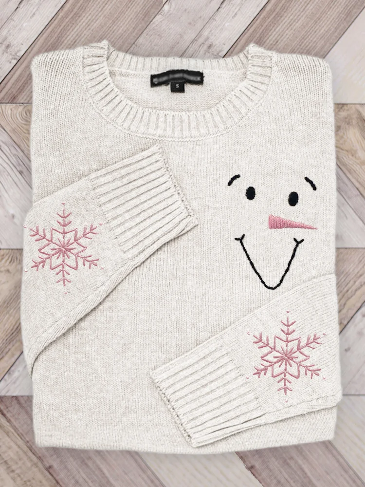 Snowman Face & Snowflakes Embroidery Art Cozy Sweater