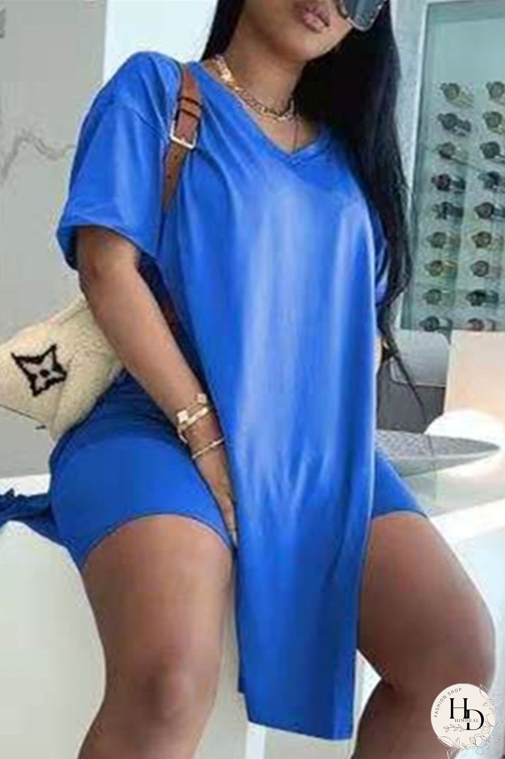 Coffee Fashion Casual Solid Slit V Neck Short Sleeve Two Pieces