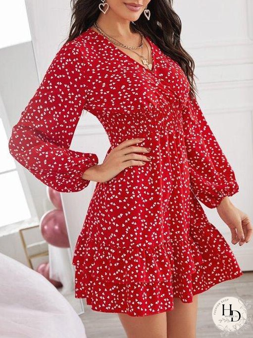 Confetti Heart Print Shirred Waist Dress for Women