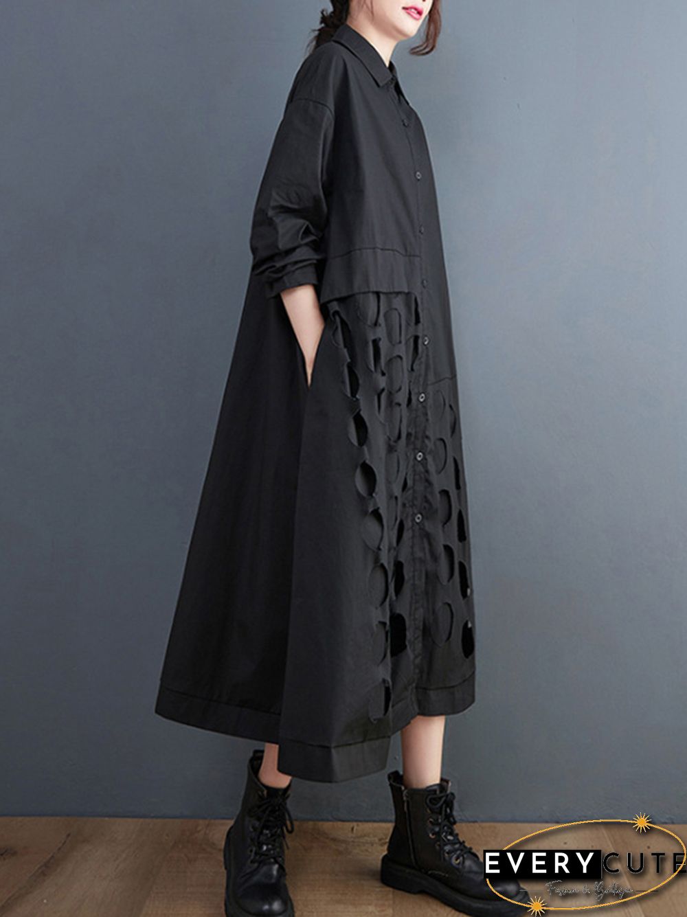 A-Line Long Sleeves Asymmetric Hollow Polka-Dot Solid Color Lapel Midi Dresses