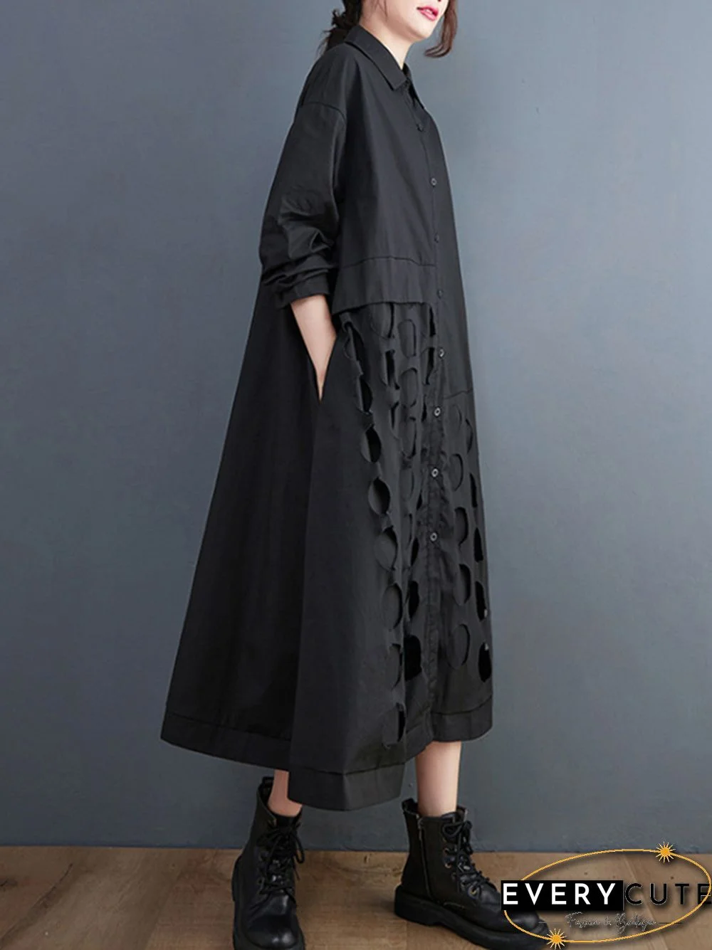 A-Line Long Sleeves Asymmetric Hollow Polka-Dot Solid Color Lapel Midi Dresses