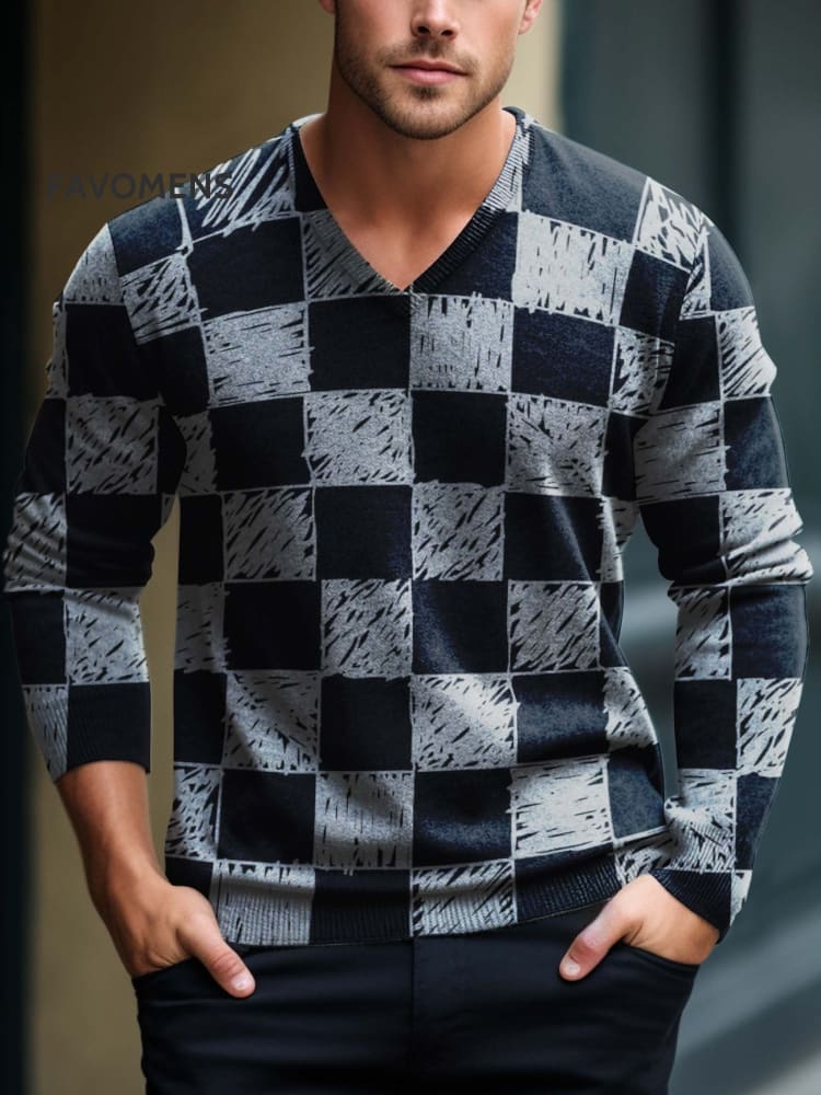 Hand Drawn Black White Plaid Decorative Pattern V-Neck Lnit Long Sleeve Sweater Multicolor / S
