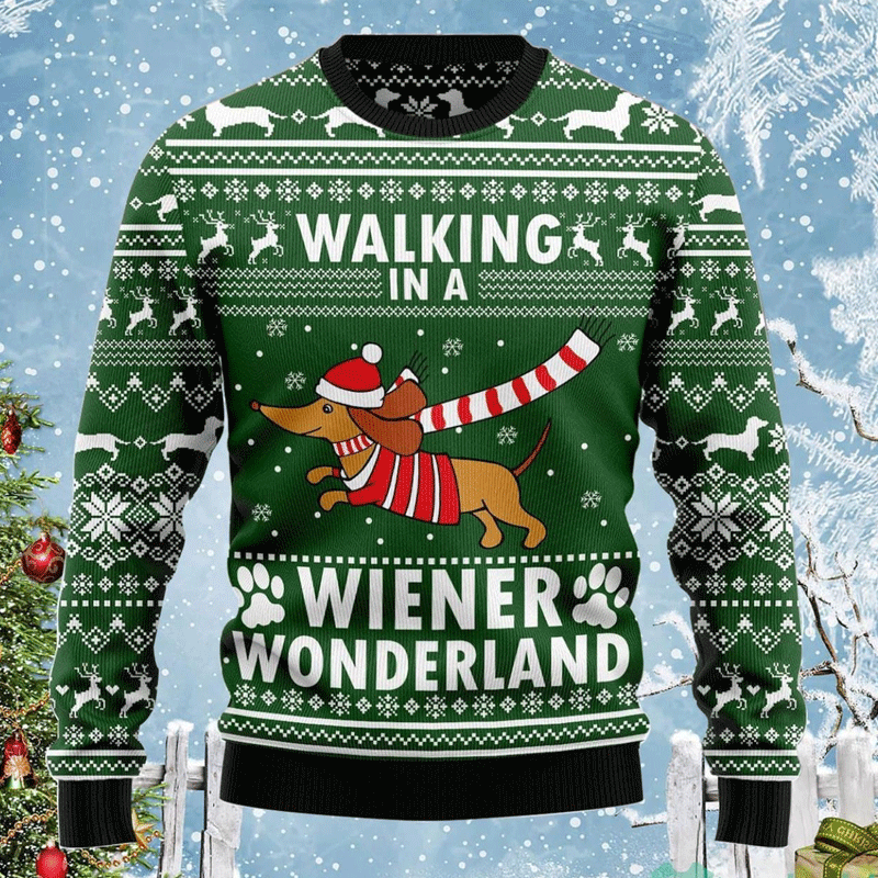 Unisex 3D Dachshund Through The Snow Christmas Funny Green Ugly Sweatshirt