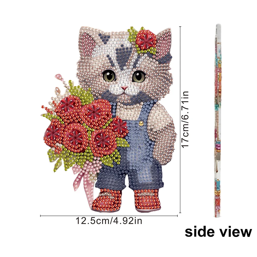 Cat Rose DIY 2D Flat Acrylic Desktop Diamond Art Kit with Rocking Function Decor