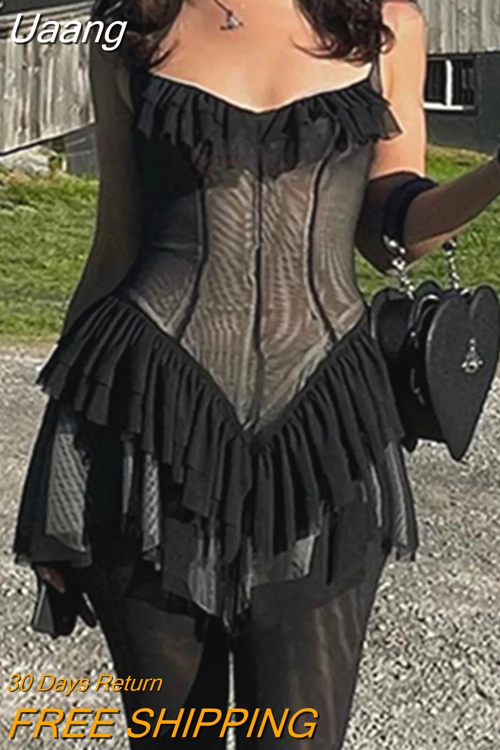 Uaang Mesh Patchwork Corset Dress E-girl Gotrhic Dark Academia Retro Streetwear Y2K Aesthetic Ruffles Bodycon Mini Dresses