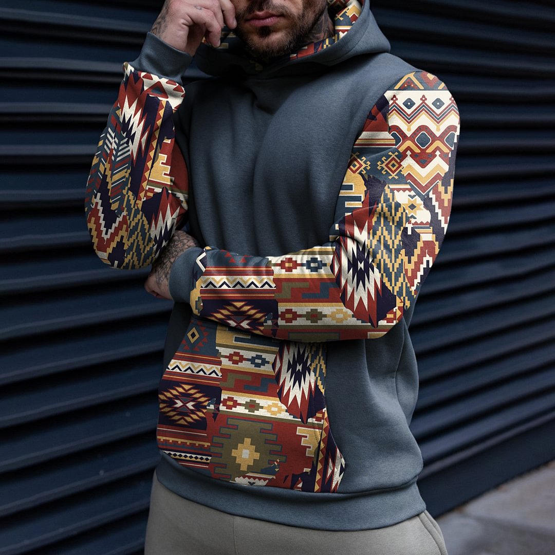 Vintage Men's Casual Western Ethnic Geometric Print Hooded Sweatshirt、、URBENIE