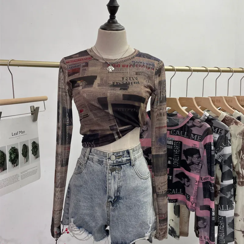 Churchf Real Shooting Front Double-Layer Tie-Dye Printing Mesh Long-Sleeved Top Short High-Waisted T-Shirt T-Shirt 8960
