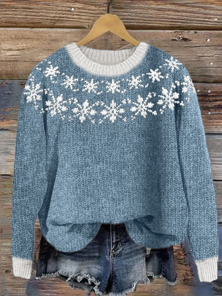 Snowflakes Inspired Cozy Knit Yoke Sweater