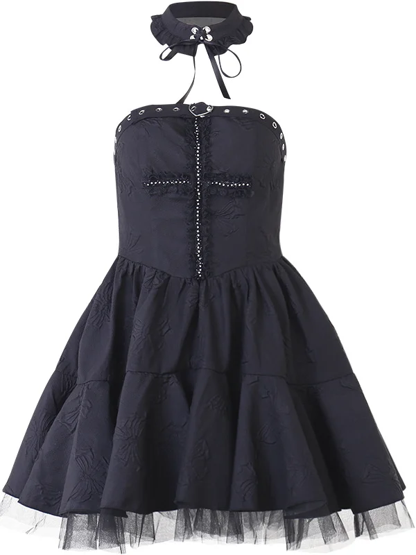 Gothic Dark Cross Lace-up Sleeveless Strapless Tiered Embossed Midi Dress