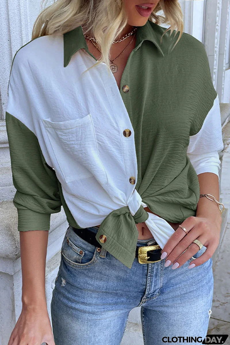 Elegant Color Block Pocket Contrast Turndown Collar Tops