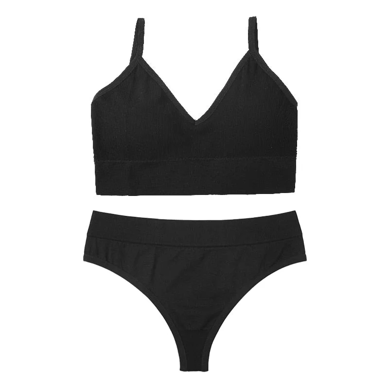 Women Push Up Bra Set Sexy Thong Low Waist Panties Meet'r Wire Free Bralette Lingerie Pad Brassiere Cotton Female Underwear Set