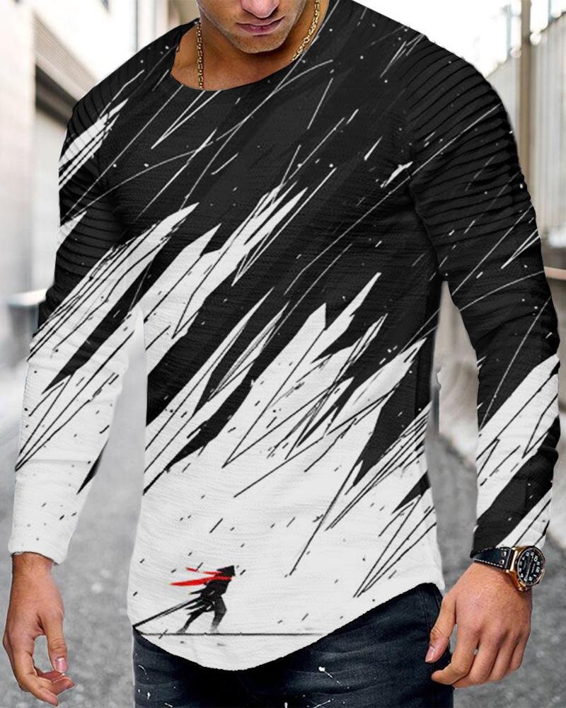 men's casual black and white printing long sleeves