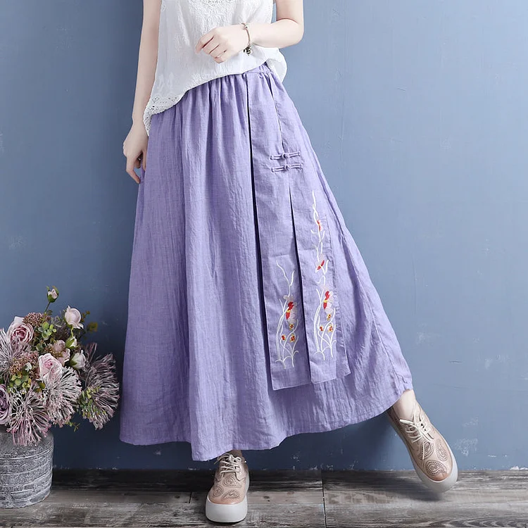 Cozy Retro Loose Cotton Linen Embroidery Skirt