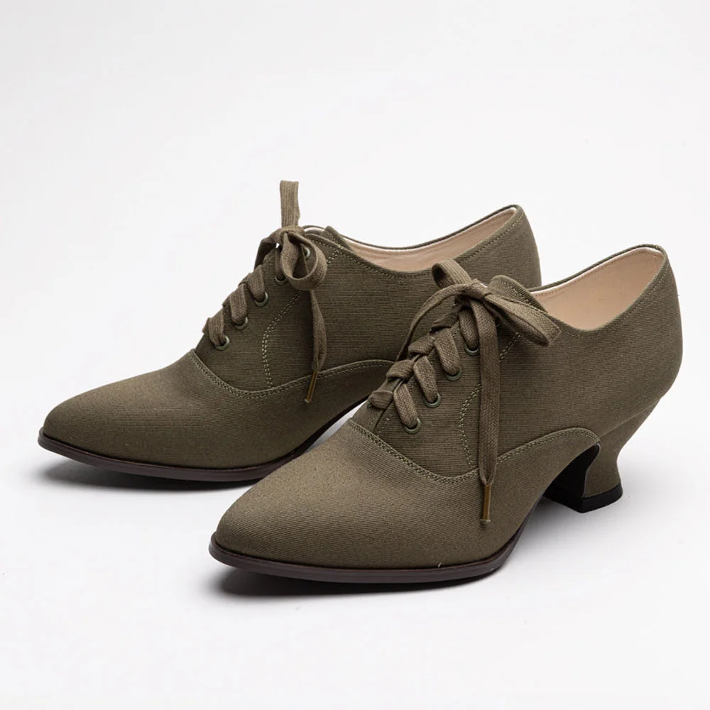 YDN Olive Canvas Tie-Up Spool Heel Almond Toe Oxford Shoes Women
