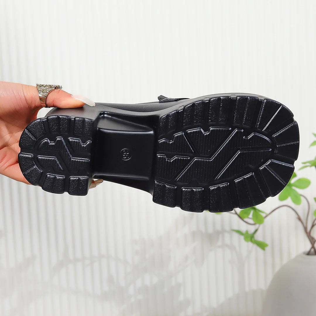 Yyvonne Black Chunky Heels Pumps Women Pu Leather Platform Loafers Woman Fashion Metal Buckle High Heels Dress Shoes Mary Janes
