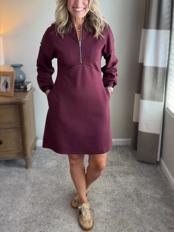 NEW🔥 Cotton Crew Neck Zip Pocket Dress
